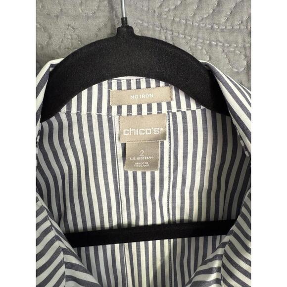 Chico's 2 No Iron Button Front Shirt Womans  Blue White Flip Cuffs - Picture 4 of 9